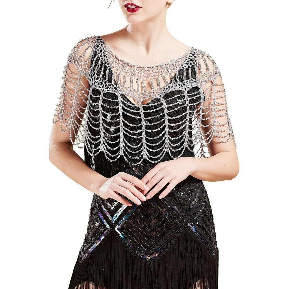 Beaded Evening Cape Net Silver Gold 1920s Gatsby Flapper Dress Cover Up